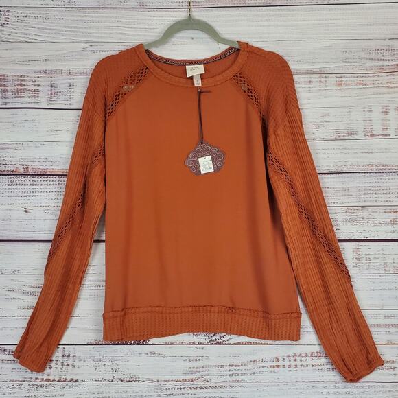 Knox Rose Lace Waffle Knit Thermal Top Med Burnt Orange Long Sleeve Sweater NWT - Picture 2 of 12
